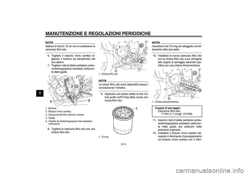 YAMAHA YZF-R6 2010 Manuale duso (in Italian) MANUTENZIONE E REGOLAZIONI PERIODICHE
6-14
6
NOTASaltare le fasi 6–12 se non si sostituisce la
cartuccia filtro olio.6. Togliere il braccio rinvio cambio to-
gliendo il bullone ed estraendolo dal
su YAMAHA YZF-R6 2010 Manuale duso (in Italian) MANUTENZIONE E REGOLAZIONI PERIODICHE
6-14
6
NOTASaltare le fasi 6–12 se non si sostituisce la
cartuccia filtro olio.6. Togliere il braccio rinvio cambio to-
gliendo il bullone ed estraendolo dal
su