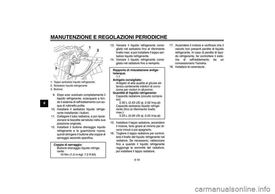 YAMAHA YZF-R6 2010 Manuale duso (in Italian) MANUTENZIONE E REGOLAZIONI PERIODICHE
6-18
6
9. Dopo aver scaricato completamente il
liquido refrigerante, sciacquare a fon-
do il sistema di raffreddamento con ac-
qua di rubinetto pulita.
10. Instal YAMAHA YZF-R6 2010 Manuale duso (in Italian) MANUTENZIONE E REGOLAZIONI PERIODICHE
6-18
6
9. Dopo aver scaricato completamente il
liquido refrigerante, sciacquare a fon-
do il sistema di raffreddamento con ac-
qua di rubinetto pulita.
10. Instal