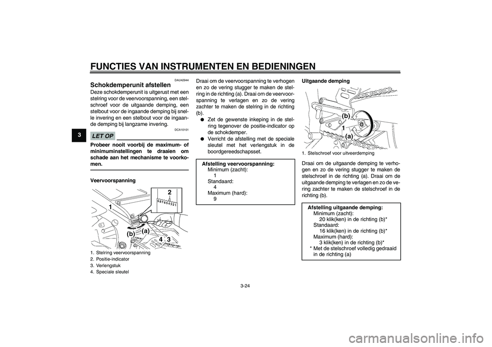 YAMAHA YZF-R6 2010  Instructieboekje (in Dutch) FUNCTIES VAN INSTRUMENTEN EN BEDIENINGEN
3-24
3
DAU42944
Schokdemperunit afstellen Deze schokdemperunit is uitgerust met een
stelring voor de veervoorspanning, een stel-
schroef voor de uitgaande demp