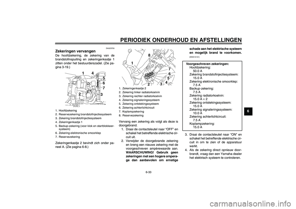 YAMAHA YZF-R6 2010  Instructieboekje (in Dutch) PERIODIEK ONDERHOUD EN AFSTELLINGEN
6-33
6
DAU23705
Zekeringen vervangen De hoofdzekering, de zekering van de
brandstofinspuiting en zekeringenkastje 1
zitten onder het bestuurderszadel. (Zie pa-
gina