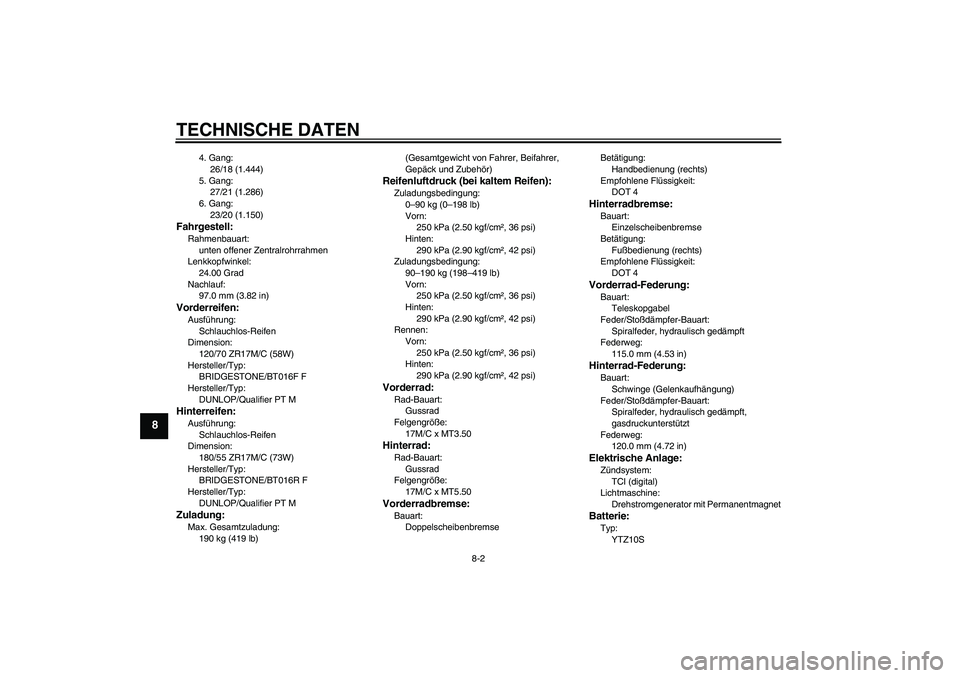 YAMAHA YZF-R6 2009 Betriebsanleitungen (in German) TECHNISCHE DATEN
8-2
8
4. Gang:
26/18 (1.444)
5. Gang:
27/21 (1.286)
6. Gang:
23/20 (1.150)
Fahrgestell:Rahmenbauart:
unten offener Zentralrohrrahmen
Lenkkopfwinkel:
24.00 Grad
Nachlauf:
97.0 mm (3.82 YAMAHA YZF-R6 2009 Betriebsanleitungen (in German) TECHNISCHE DATEN
8-2
8
4. Gang:
26/18 (1.444)
5. Gang:
27/21 (1.286)
6. Gang:
23/20 (1.150)
Fahrgestell:Rahmenbauart:
unten offener Zentralrohrrahmen
Lenkkopfwinkel:
24.00 Grad
Nachlauf:
97.0 mm (3.82