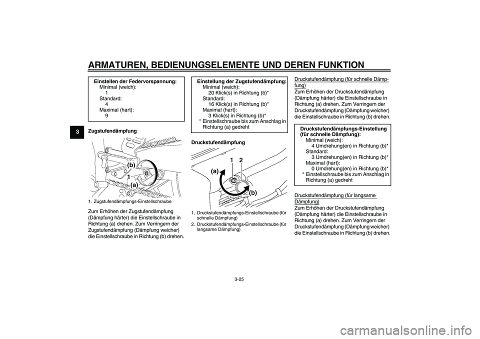 YAMAHA YZF-R6 2009  Betriebsanleitungen (in German) ARMATUREN, BEDIENUNGSELEMENTE UND DEREN FUNKTION
3-25
3
Zugstufendämpfung
Zum Erhöhen der Zugstufendämpfung 
(Dämpfung härter) die Einstellschraube in 
Richtung (a) drehen. Zum Verringern der 
Zu