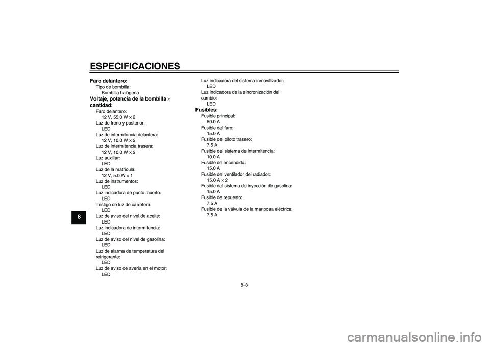YAMAHA YZF-R6 2009  Manuale de Empleo (in Spanish) ESPECIFICACIONES
8-3
8
Faro delantero:Tipo de bombilla:
Bombilla halógenaVoltaje, potencia de la bombilla × 
cantidad:Faro delantero:
12 V, 55.0 W × 2
Luz de freno y posterior:
LED
Luz de intermite