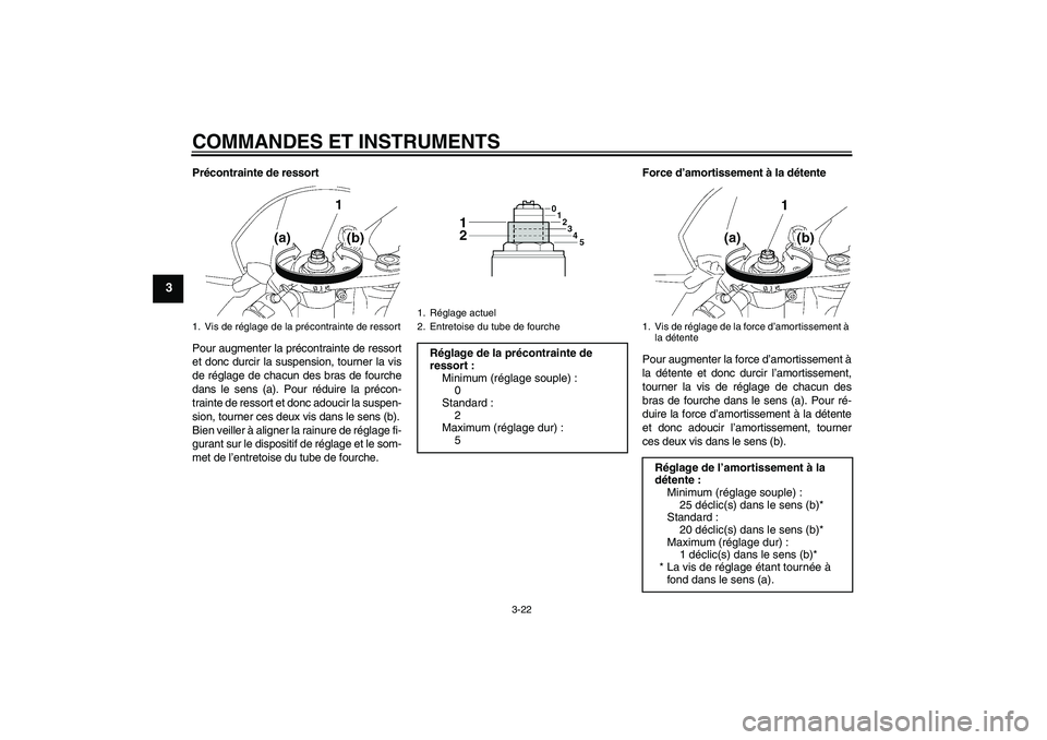 YAMAHA YZF-R6 2009  Notices Demploi (in French) COMMANDES ET INSTRUMENTS
3-22
3
Précontrainte de ressort
Pour augmenter la précontrainte de ressort
et donc durcir la suspension, tourner la vis
de réglage de chacun des bras de fourche
dans le sen