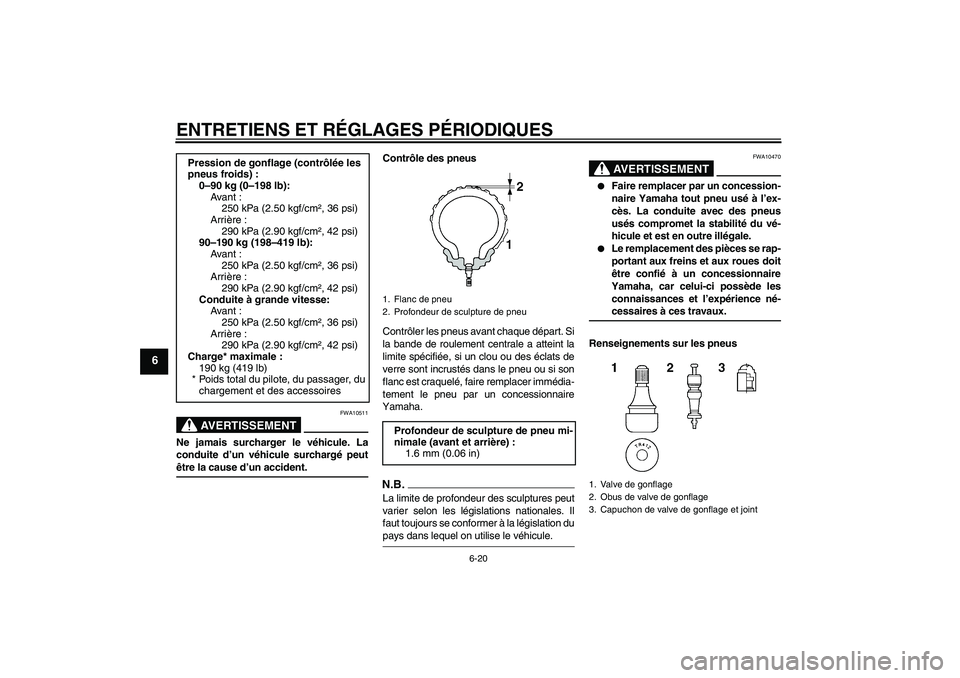 YAMAHA YZF-R6 2009  Notices Demploi (in French) ENTRETIENS ET RÉGLAGES PÉRIODIQUES
6-20
6
AVERTISSEMENT
FWA10511
Ne jamais surcharger le véhicule. La
conduite d’un véhicule surchargé peutêtre la cause d’un accident.Contrôle des pneus
Con