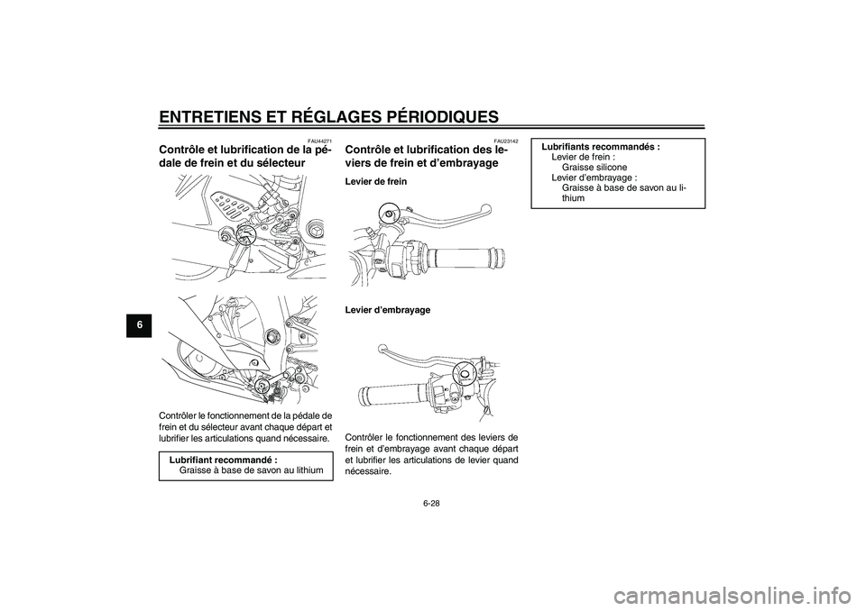 YAMAHA YZF-R6 2009  Notices Demploi (in French) ENTRETIENS ET RÉGLAGES PÉRIODIQUES
6-28
6
FAU44271
Contrôle et lubrification de la pé-
dale de frein et du sélecteur Contrôler le fonctionnement de la pédale de
frein et du sélecteur avant cha