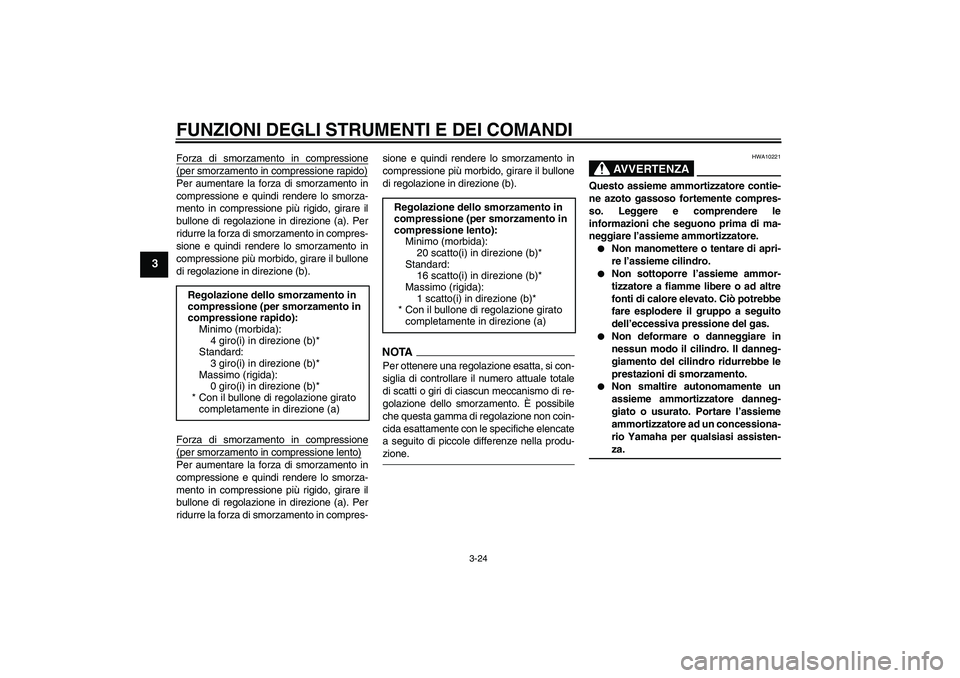 YAMAHA YZF-R6 2009  Manuale duso (in Italian) FUNZIONI DEGLI STRUMENTI E DEI COMANDI
3-24
3
Forza di smorzamento in compressione(per smorzamento in compressione rapido)Per aumentare la forza di smorzamento in
compressione e quindi rendere lo smor