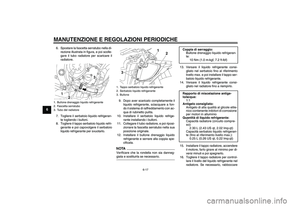 YAMAHA YZF-R6 2009  Manuale duso (in Italian) MANUTENZIONE E REGOLAZIONI PERIODICHE
6-17
6
6. Spostare la fascetta serratubo nella di-
rezione illustrata in figura, e poi scolle-
gare il tubo radiatore per scaricare il
radiatore.
7. Togliere il s