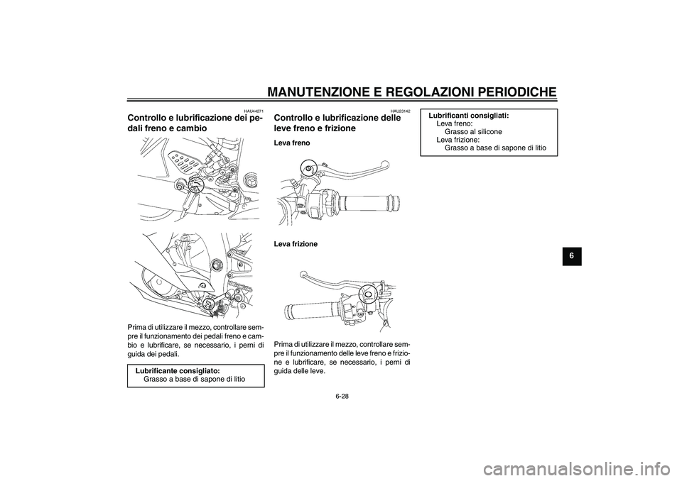 YAMAHA YZF-R6 2009  Manuale duso (in Italian) MANUTENZIONE E REGOLAZIONI PERIODICHE
6-28
6
HAU44271
Controllo e lubrificazione dei pe-
dali freno e cambio Prima di utilizzare il mezzo, controllare sem-
pre il funzionamento dei pedali freno e cam-
