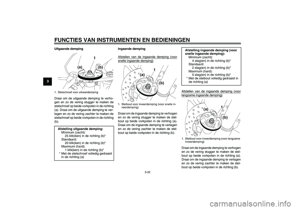 YAMAHA YZF-R6 2009  Instructieboekje (in Dutch) FUNCTIES VAN INSTRUMENTEN EN BEDIENINGEN
3-22
3
Uitgaande demping
Draai om de uitgaande demping te verho-
gen en zo de vering stugger te maken de
stelschroef op beide vorkpoten in de richting
(a). Dra
