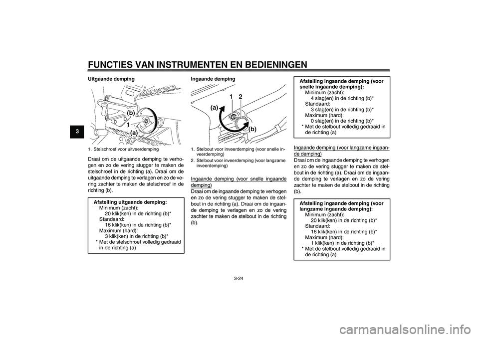 YAMAHA YZF-R6 2009  Instructieboekje (in Dutch) FUNCTIES VAN INSTRUMENTEN EN BEDIENINGEN
3-24
3
Uitgaande demping
Draai om de uitgaande demping te verho-
gen en zo de vering stugger te maken de
stelschroef in de richting (a). Draai om de
uitgaande 