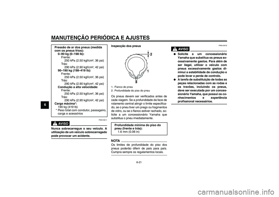 YAMAHA YZF-R6 2009  Manual de utilização (in Portuguese) MANUTENÇÃO PERIÓDICA E AJUSTES
6-21
6
AV I S O
PWA10511
Nunca sobrecarregue o seu veículo. A
utilização de um veículo sobrecarregadopode provocar um acidente.Inspecção dos pneus
Os pneus deve
