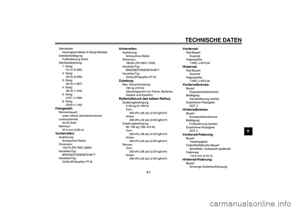 YAMAHA YZF-R6 2008 Betriebsanleitungen (in German) TECHNISCHE DATEN
8-2
8
Getriebeart:
klauengeschaltetes 6-Gang-Getriebe
Getriebebetätigung:
Fußbedienung (links)
Getriebeabstufung:
1. Gang:
31/12 (2.583)
2. Gang:
32/16 (2.000)
3. Gang:
30/18 (1.667 YAMAHA YZF-R6 2008 Betriebsanleitungen (in German) TECHNISCHE DATEN
8-2
8
Getriebeart:
klauengeschaltetes 6-Gang-Getriebe
Getriebebetätigung:
Fußbedienung (links)
Getriebeabstufung:
1. Gang:
31/12 (2.583)
2. Gang:
32/16 (2.000)
3. Gang:
30/18 (1.667