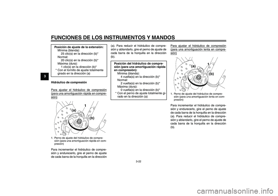 YAMAHA YZF-R6 2008  Manuale de Empleo (in Spanish) FUNCIONES DE LOS INSTRUMENTOS Y MANDOS
3-22
3
Hidráulico de compresión
Para ajustar el hidráulico de compresión(para una amortiguación rápida en compre-sión)Para incrementar el hidráulico de c YAMAHA YZF-R6 2008  Manuale de Empleo (in Spanish) FUNCIONES DE LOS INSTRUMENTOS Y MANDOS
3-22
3
Hidráulico de compresión
Para ajustar el hidráulico de compresión(para una amortiguación rápida en compre-sión)Para incrementar el hidráulico de c