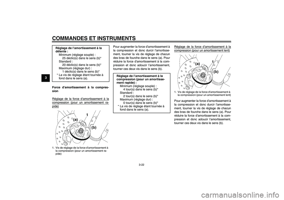 YAMAHA YZF-R6 2008 Notices Demploi (in French) COMMANDES ET INSTRUMENTS
3-22
3
Force d’amortissement à la compres-
sion
Réglage de la force d’amortissement à lacompression (pour un amortissement ra-pide)
Pour augmenter la force d’amortiss YAMAHA YZF-R6 2008 Notices Demploi (in French) COMMANDES ET INSTRUMENTS
3-22
3
Force d’amortissement à la compres-
sion
Réglage de la force d’amortissement à lacompression (pour un amortissement ra-pide)
Pour augmenter la force d’amortiss