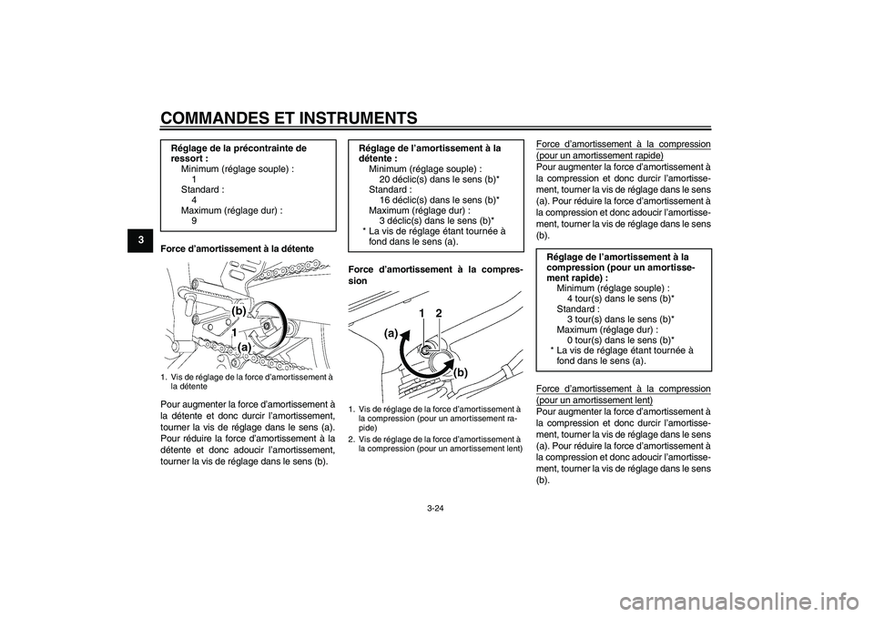 YAMAHA YZF-R6 2008 Notices Demploi (in French) COMMANDES ET INSTRUMENTS
3-24
3
Force d’amortissement à la détente
Pour augmenter la force d’amortissement à
la détente et donc durcir l’amortissement,
tourner la vis de réglage dans le sen YAMAHA YZF-R6 2008 Notices Demploi (in French) COMMANDES ET INSTRUMENTS
3-24
3
Force d’amortissement à la détente
Pour augmenter la force d’amortissement à
la détente et donc durcir l’amortissement,
tourner la vis de réglage dans le sen