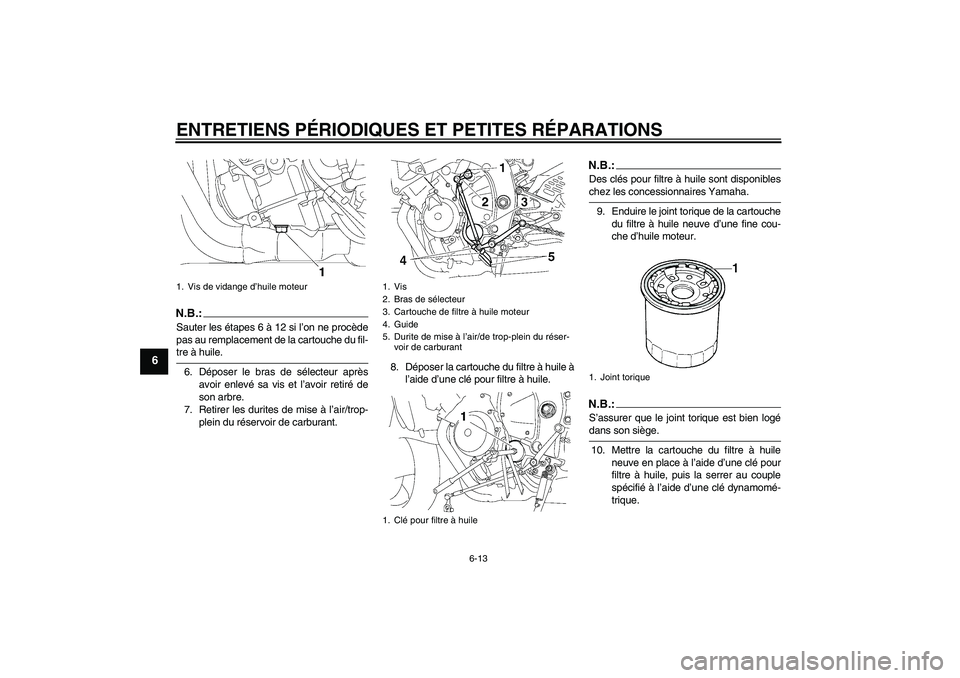 YAMAHA YZF-R6 2008  Notices Demploi (in French) ENTRETIENS PÉRIODIQUES ET PETITES RÉPARATIONS
6-13
6
N.B.:Sauter les étapes 6 à 12 si l’on ne procède
pas au remplacement de la cartouche du fil-tre à huile.
6. Déposer le bras de sélecteur 