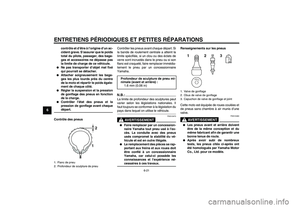 YAMAHA YZF-R6 2008  Notices Demploi (in French) ENTRETIENS PÉRIODIQUES ET PETITES RÉPARATIONS
6-21
6
contrôle et d’être à l’origine d’un ac-
cident grave. S’assurer que le poids
total du pilote, passager, des baga-
ges et accessoires n