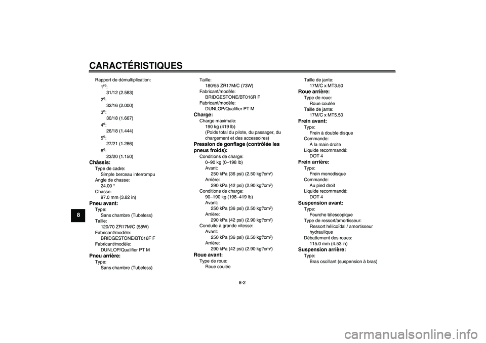 YAMAHA YZF-R6 2008  Notices Demploi (in French) CARACTÉRISTIQUES
8-2
8
Rapport de démultiplication:
1
re:
31/12 (2.583)
2e:
32/16 (2.000)
3e:
30/18 (1.667)
4e:
26/18 (1.444)
5e:
27/21 (1.286)
6e:
23/20 (1.150)
Châssis:Type de cadre:
Simple berce