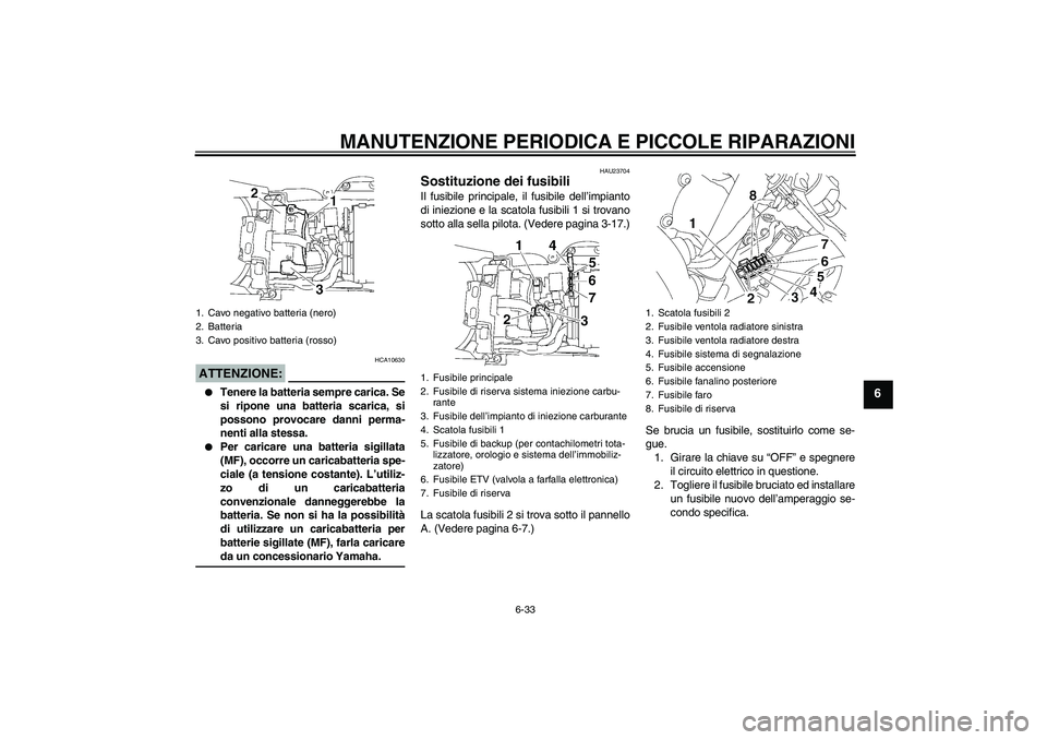 YAMAHA YZF-R6 2008  Manuale duso (in Italian) MANUTENZIONE PERIODICA E PICCOLE RIPARAZIONI
6-33
6
ATTENZIONE:
HCA10630

Tenere la batteria sempre carica. Se
si ripone una batteria scarica, si
possono provocare danni perma-
nenti alla stessa.

P