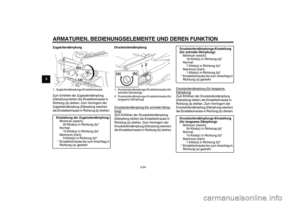 YAMAHA YZF-R6 2007 Betriebsanleitungen (in German) ARMATUREN, BEDIENUNGSELEMENTE UND DEREN FUNKTION
3-24
3
Zugstufendämpfung
Zum Erhöhen der Zugstufendämpfung
(Dämpfung härter) die Einstellschraube in
Richtung (a) drehen. Zum Verringern der
Zu YAMAHA YZF-R6 2007 Betriebsanleitungen (in German) ARMATUREN, BEDIENUNGSELEMENTE UND DEREN FUNKTION
3-24
3
Zugstufendämpfung
Zum Erhöhen der Zugstufendämpfung
(Dämpfung härter) die Einstellschraube in
Richtung (a) drehen. Zum Verringern der
Zu