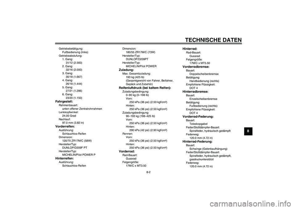 YAMAHA YZF-R6 2007  Betriebsanleitungen (in German) TECHNISCHE DATEN
8-2
8
Getriebebetätigung:
Fußbedienung (links)
Getriebeabstufung:
1. Gang:
31/12 (2.583)
2. Gang:
32/16 (2.000)
3. Gang:
30/18 (1.667)
4. Gang:
26/18 (1.444)
5. Gang:
27/21 (1.286)
