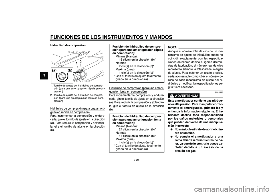 YAMAHA YZF-R6 2007  Manuale de Empleo (in Spanish) FUNCIONES DE LOS INSTRUMENTOS Y MANDOS
3-24
3
Hidráulico de compresión
Hidráulico de compresión (para una amorti-guación rápida en compresión)Para incrementar la compresión y endure-
cerla, gi