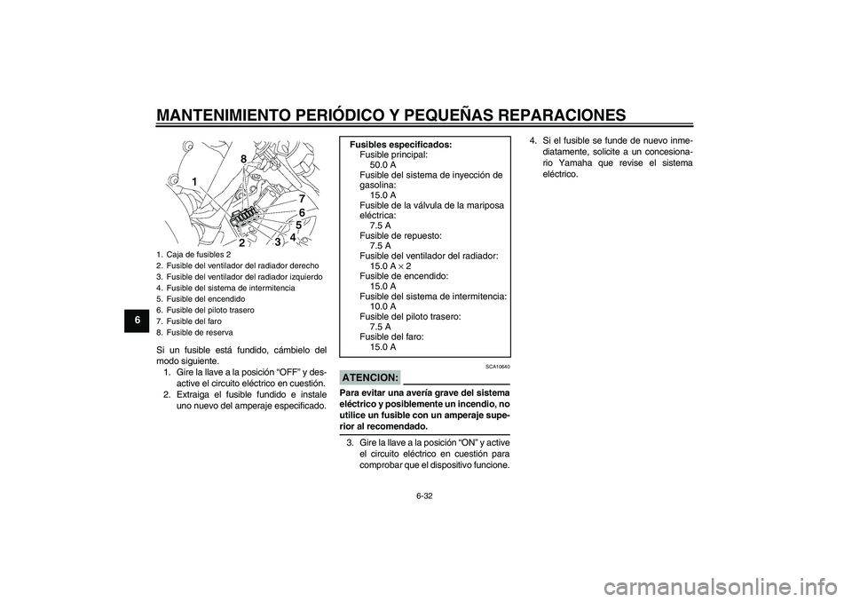 YAMAHA YZF-R6 2007  Manuale de Empleo (in Spanish) MANTENIMIENTO PERIÓDICO Y PEQUEÑAS REPARACIONES
6-32
6
Si un fusible está fundido, cámbielo del
modo siguiente.
1. Gire la llave a la posición “OFF” y des-
active el circuito eléctrico en cu