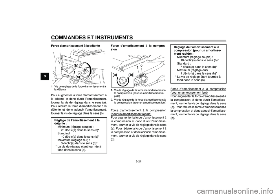 YAMAHA YZF-R6 2007 Notices Demploi (in French) COMMANDES ET INSTRUMENTS
3-24
3
Force d’amortissement à la détente
Pour augmenter la force d’amortissement Ã
la détente et donc durcir l’amortissement,
tourner la vis de réglage dans le sen YAMAHA YZF-R6 2007 Notices Demploi (in French) COMMANDES ET INSTRUMENTS
3-24
3
Force d’amortissement à la détente
Pour augmenter la force d’amortissement Ã
la détente et donc durcir l’amortissement,
tourner la vis de réglage dans le sen