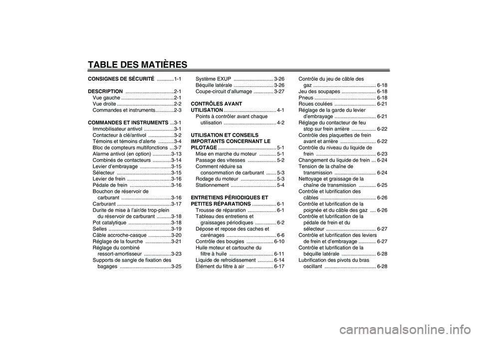 YAMAHA YZF-R6 2007  Notices Demploi (in French) TABLE DES MATIÈRESCONSIGNES DE SÉCURITÉ ............1-1
DESCRIPTION ..................................2-1
Vue gauche .....................................2-1
Vue droite ............................