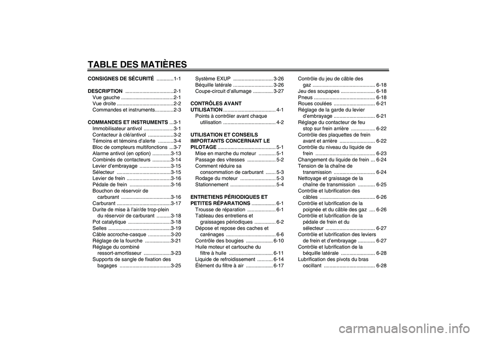 YAMAHA YZF-R6 2007  Notices Demploi (in French) TABLE DES MATIÈRESCONSIGNES DE SÉCURITÉ ............1-1
DESCRIPTION ..................................2-1
Vue gauche .....................................2-1
Vue droite ............................