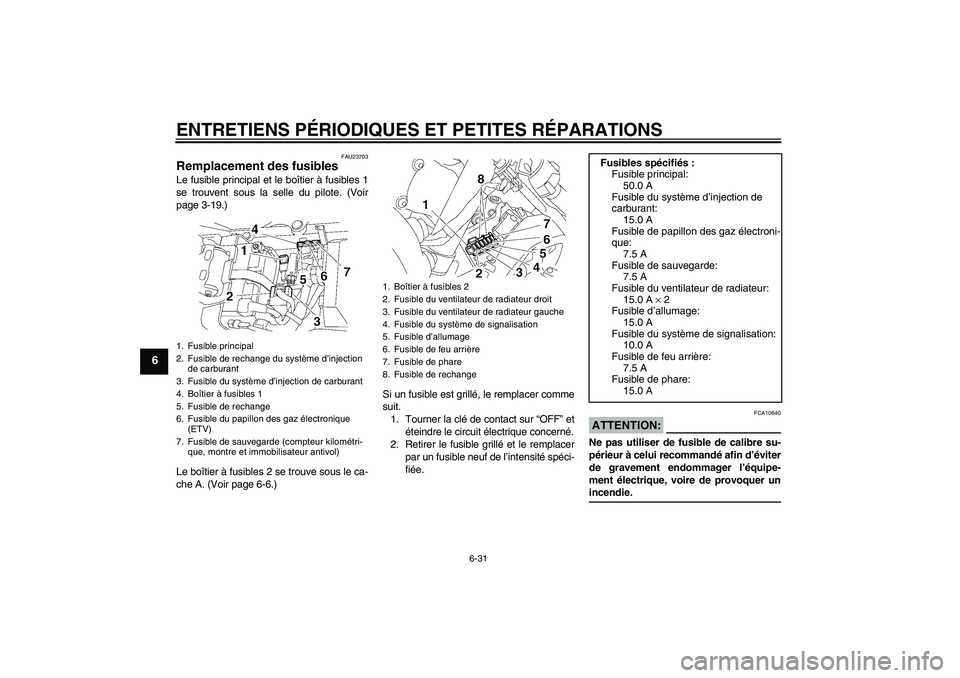 YAMAHA YZF-R6 2007  Notices Demploi (in French) ENTRETIENS PÉRIODIQUES ET PETITES RÉPARATIONS
6-31
6
FAU23703
Remplacement des fusibles Le fusible principal et le boîtier à fusibles 1
se trouvent sous la selle du pilote. (Voir
page 3-19.)
Le bo
