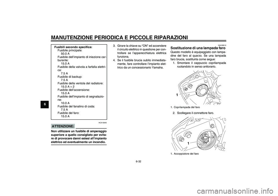 YAMAHA YZF-R6 2007  Manuale duso (in Italian) MANUTENZIONE PERIODICA E PICCOLE RIPARAZIONI
6-32
6
ATTENZIONE:
HCA10640
Non utilizzare un fusibile di amperaggio
superiore a quello consigliato per evita-
re di provocare danni estesi all’impiantoe