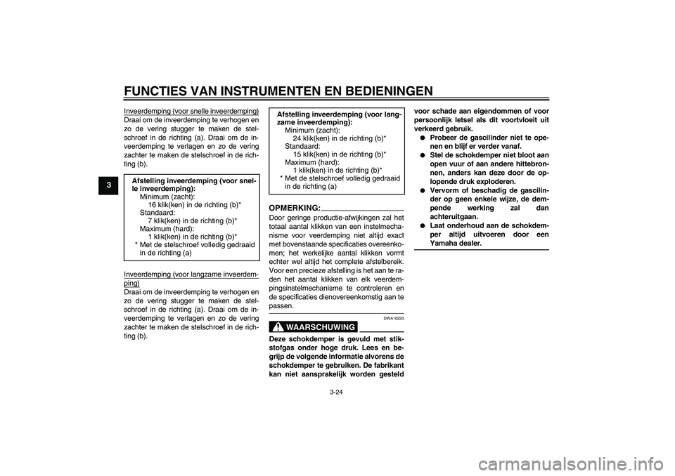 YAMAHA YZF-R6 2007  Instructieboekje (in Dutch) FUNCTIES VAN INSTRUMENTEN EN BEDIENINGEN
3-24
3
Inveerdemping (voor snelle inveerdemping)Draai om de inveerdemping te verhogen en
zo de vering stugger te maken de stel-
schroef in de richting (a). Dra
