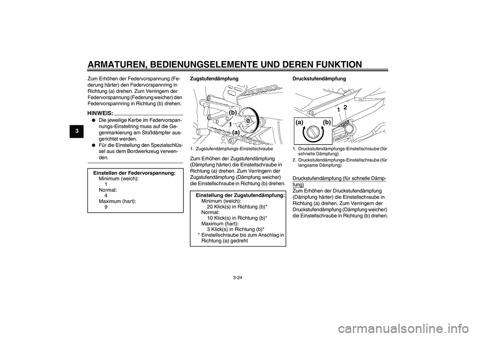 YAMAHA YZF-R6 2006 Betriebsanleitungen (in German) ARMATUREN, BEDIENUNGSELEMENTE UND DEREN FUNKTION
3-24
3
Zum Erhöhen der Federvorspannung (Fe-
derung härter) den Federvorspannring in
Richtung (a) drehen. Zum Verringern der
Federvorspannung (Fede YAMAHA YZF-R6 2006 Betriebsanleitungen (in German) ARMATUREN, BEDIENUNGSELEMENTE UND DEREN FUNKTION
3-24
3
Zum Erhöhen der Federvorspannung (Fe-
derung härter) den Federvorspannring in
Richtung (a) drehen. Zum Verringern der
Federvorspannung (Fede