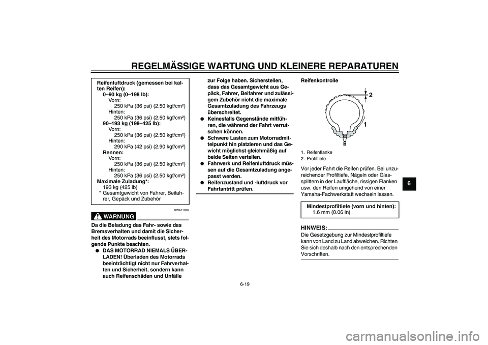 YAMAHA YZF-R6 2006  Betriebsanleitungen (in German) REGELMÄSSIGE WARTUNG UND KLEINERE REPARATUREN
6-19
6
WARNUNG
GWA11020
Da die Beladung das Fahr- sowie das 
Bremsverhalten und damit die Sicher-
heit des Motorrads beeinflusst, stets fol-
gende Punkte