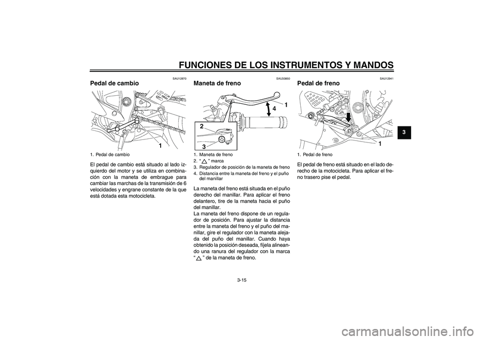 YAMAHA YZF-R6 2006  Manuale de Empleo (in Spanish) FUNCIONES DE LOS INSTRUMENTOS Y MANDOS
3-15
3
SAU12870
Pedal de cambio El pedal de cambio está situado al lado iz-
quierdo del motor y se utiliza en combina-
ción con la maneta de embrague para
camb