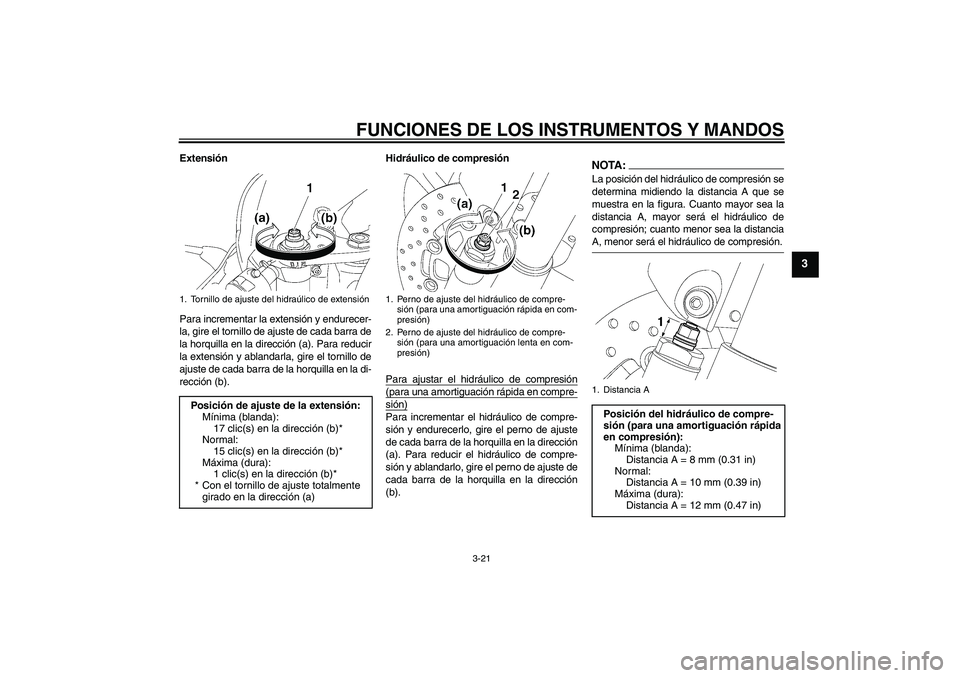 YAMAHA YZF-R6 2006 Manuale de Empleo (in Spanish) FUNCIONES DE LOS INSTRUMENTOS Y MANDOS
3-21
3
Extensión
Para incrementar la extensión y endurecer-
la, gire el tornillo de ajuste de cada barra de
la horquilla en la dirección (a). Para reducir
la YAMAHA YZF-R6 2006 Manuale de Empleo (in Spanish) FUNCIONES DE LOS INSTRUMENTOS Y MANDOS
3-21
3
Extensión
Para incrementar la extensión y endurecer-
la, gire el tornillo de ajuste de cada barra de
la horquilla en la dirección (a). Para reducir
la