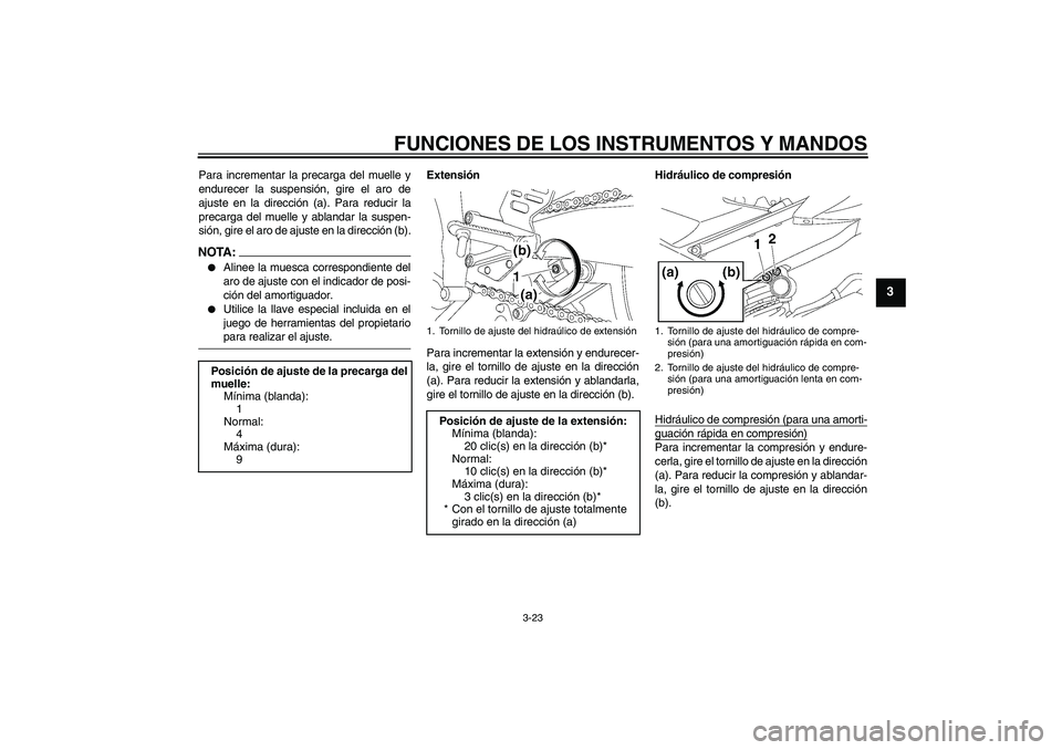 YAMAHA YZF-R6 2006 Manuale de Empleo (in Spanish) FUNCIONES DE LOS INSTRUMENTOS Y MANDOS
3-23
3
Para incrementar la precarga del muelle y
endurecer la suspensión, gire el aro de
ajuste en la dirección (a). Para reducir la
precarga del muelle y abla YAMAHA YZF-R6 2006 Manuale de Empleo (in Spanish) FUNCIONES DE LOS INSTRUMENTOS Y MANDOS
3-23
3
Para incrementar la precarga del muelle y
endurecer la suspensión, gire el aro de
ajuste en la dirección (a). Para reducir la
precarga del muelle y abla