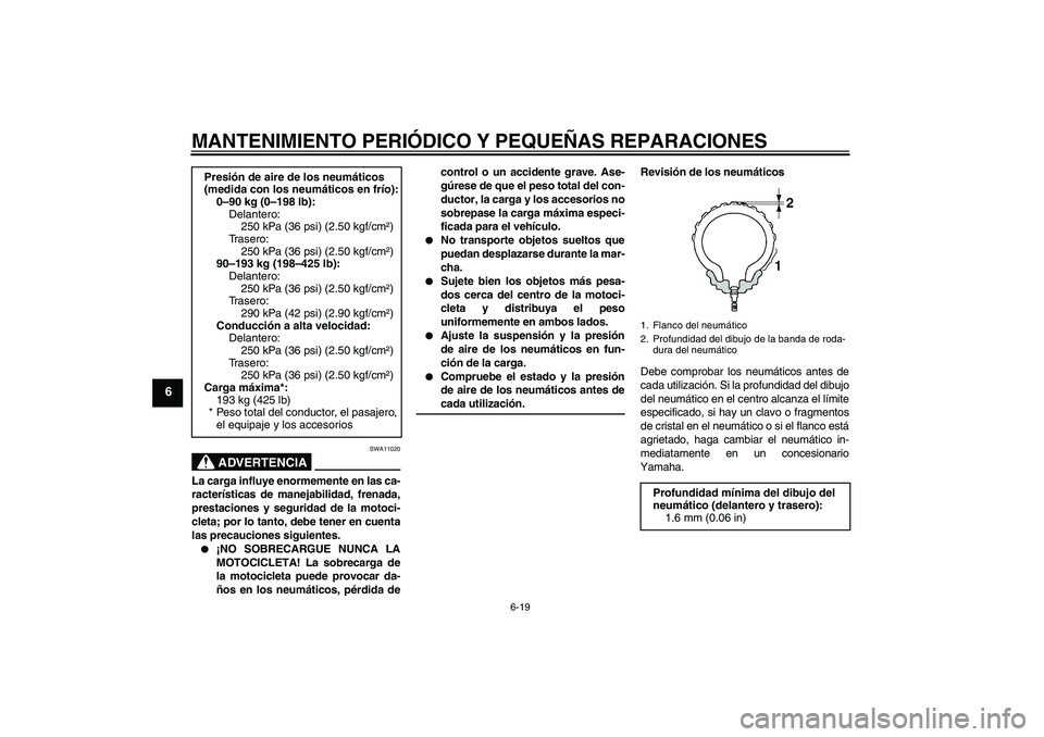 YAMAHA YZF-R6 2006  Manuale de Empleo (in Spanish) MANTENIMIENTO PERIÓDICO Y PEQUEÑAS REPARACIONES
6-19
6
ADVERTENCIA
SWA11020
La carga influye enormemente en las ca-
racterísticas de manejabilidad, frenada,
prestaciones y seguridad de la motoci-
c