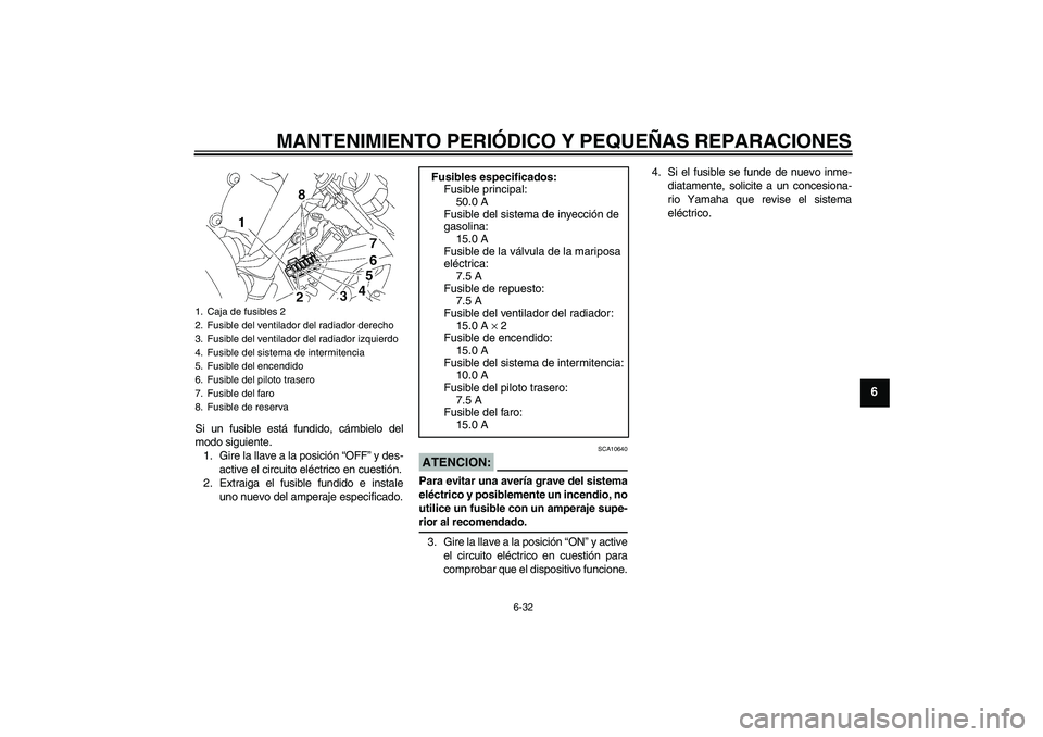 YAMAHA YZF-R6 2006  Manuale de Empleo (in Spanish) MANTENIMIENTO PERIÓDICO Y PEQUEÑAS REPARACIONES
6-32
6
Si un fusible está fundido, cámbielo del
modo siguiente.
1. Gire la llave a la posición “OFF” y des-
active el circuito eléctrico en cu