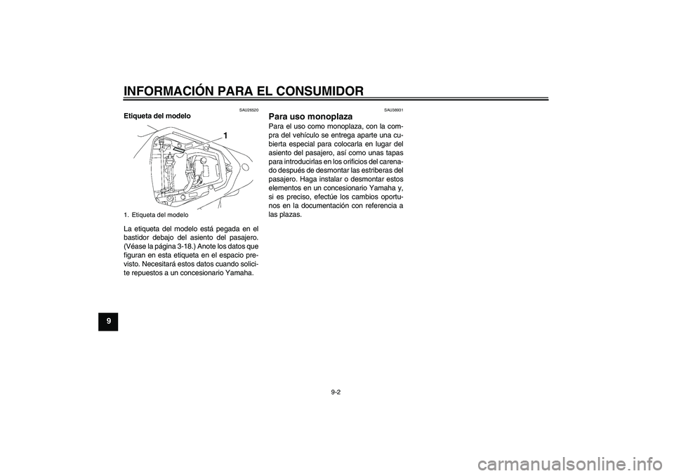 YAMAHA YZF-R6 2006  Manuale de Empleo (in Spanish) INFORMACIÓN PARA EL CONSUMIDOR
9-2
9
SAU26520
Etiqueta del modelo 
La etiqueta del modelo está pegada en el
bastidor debajo del asiento del pasajero.
(Véase la página 3-18.) Anote los datos que
fi