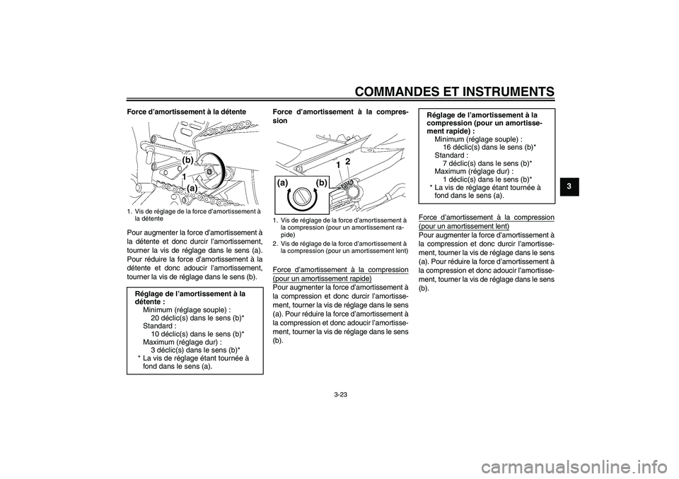 YAMAHA YZF-R6 2006 Notices Demploi (in French) COMMANDES ET INSTRUMENTS
3-23
3
Force d’amortissement à la détente
Pour augmenter la force d’amortissement Ã
la détente et donc durcir l’amortissement,
tourner la vis de réglage dans le sen YAMAHA YZF-R6 2006 Notices Demploi (in French) COMMANDES ET INSTRUMENTS
3-23
3
Force d’amortissement à la détente
Pour augmenter la force d’amortissement Ã
la détente et donc durcir l’amortissement,
tourner la vis de réglage dans le sen
