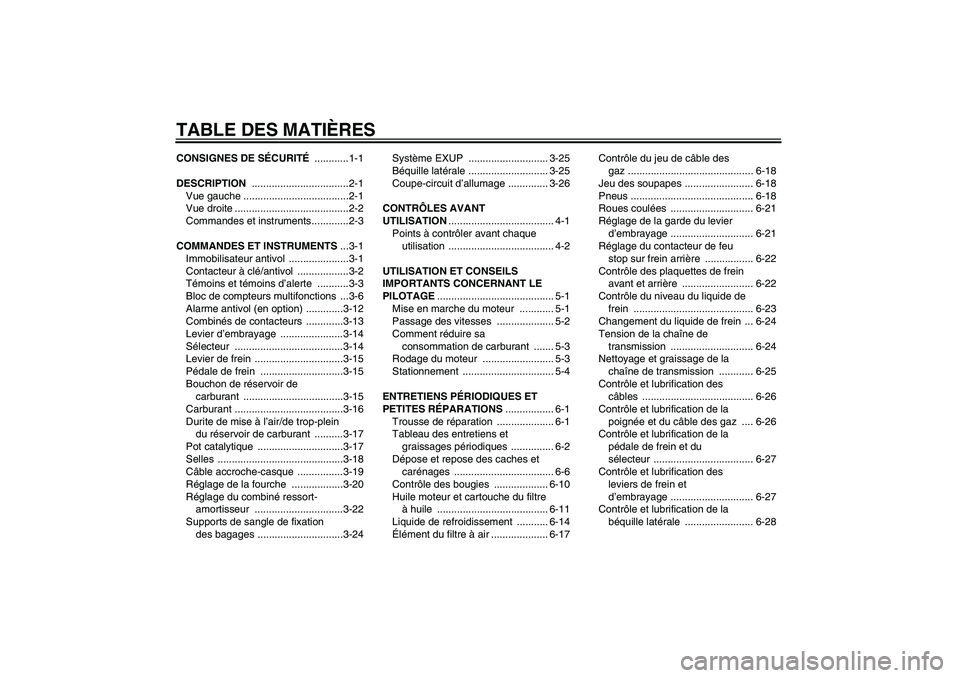 YAMAHA YZF-R6 2006  Notices Demploi (in French) TABLE DES MATIÈRESCONSIGNES DE SÉCURITÉ ............1-1
DESCRIPTION ..................................2-1
Vue gauche .....................................2-1
Vue droite ............................