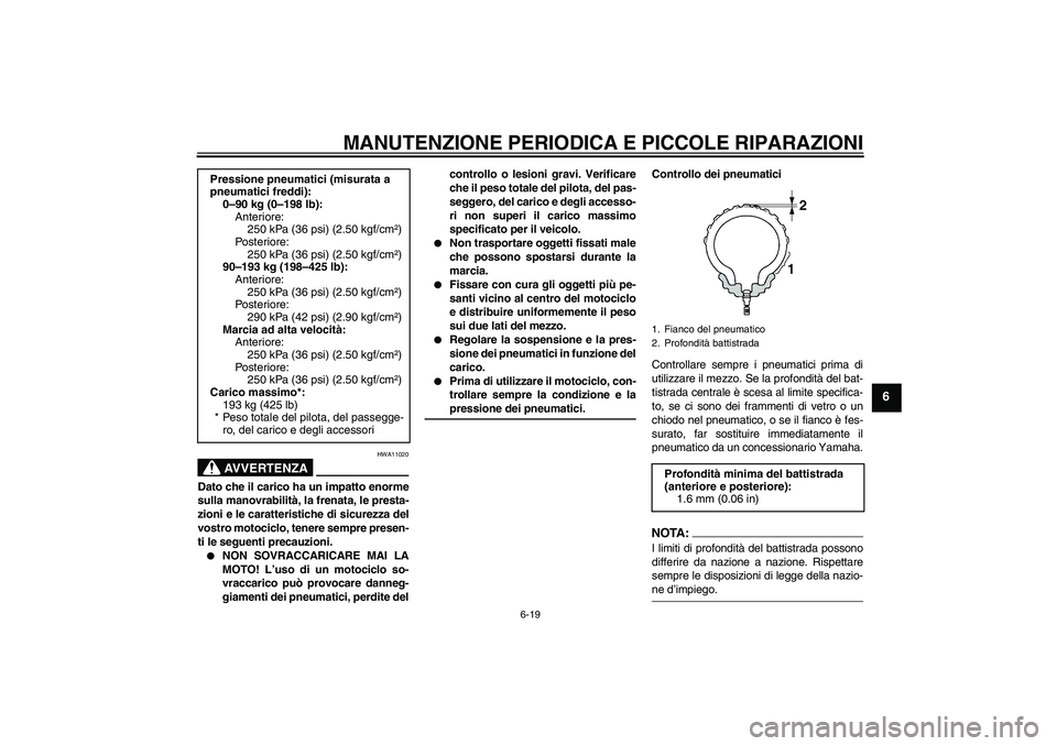 YAMAHA YZF-R6 2006  Manuale duso (in Italian) MANUTENZIONE PERIODICA E PICCOLE RIPARAZIONI
6-19
6
AVVERTENZA
HWA11020
Dato che il carico ha un impatto enorme
sulla manovrabilità, la frenata, le presta-
zioni e le caratteristiche di sicurezza del