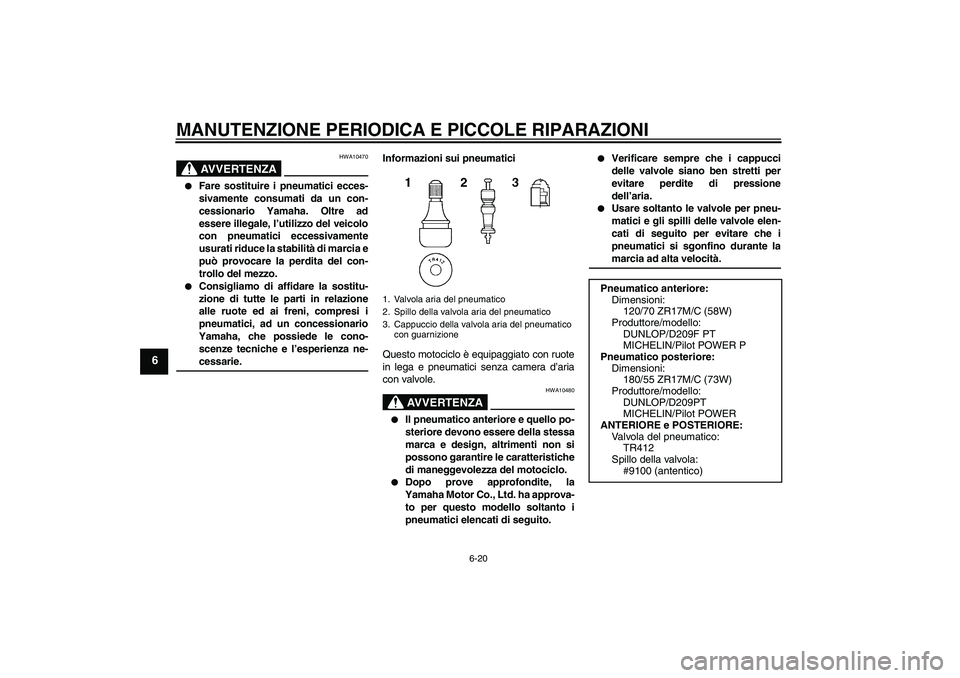 YAMAHA YZF-R6 2006  Manuale duso (in Italian) MANUTENZIONE PERIODICA E PICCOLE RIPARAZIONI
6-20
6
AVVERTENZA
HWA10470

Fare sostituire i pneumatici ecces-
sivamente consumati da un con-
cessionario Yamaha. Oltre ad
essere illegale, l’utilizzo 