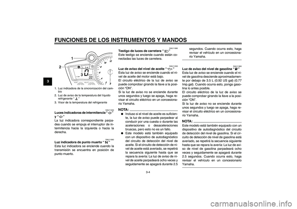 YAMAHA YZF-R6 2005  Manuale de Empleo (in Spanish) FUNCIONES DE LOS INSTRUMENTOS Y MANDOS
3-4
3
SAU11030
Luces indicadoras de intermitencia “” 
y “” 
La luz indicadora correspondiente parpa-
dea cuando se empuja el interruptor de in-
termitenc