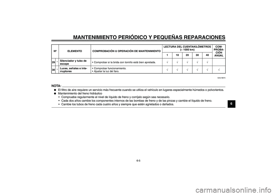 YAMAHA YZF-R6 2005  Manuale de Empleo (in Spanish) MANTENIMIENTO PERIÓDICO Y PEQUEÑAS REPARACIONES
6-5
6
SAU18670
NOTA:
El filtro de aire requiere un servicio más frecuente cuando se utiliza el vehículo en lugares especialmente húmedos o polvori
