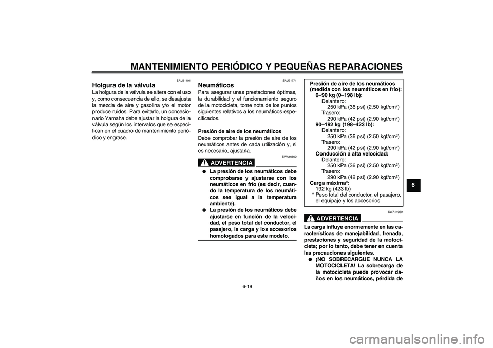 YAMAHA YZF-R6 2005  Manuale de Empleo (in Spanish) MANTENIMIENTO PERIÓDICO Y PEQUEÑAS REPARACIONES
6-19
6
SAU21401
Holgura de la válvula La holgura de la válvula se altera con el uso
y, como consecuencia de ello, se desajusta
la mezcla de aire y g