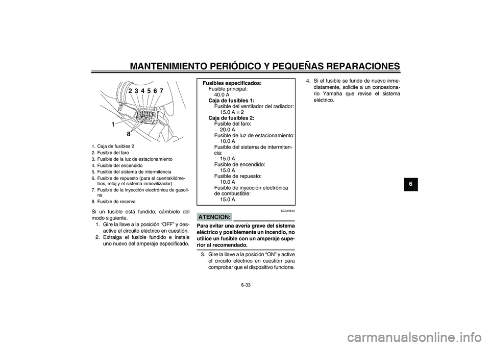 YAMAHA YZF-R6 2005  Manuale de Empleo (in Spanish) MANTENIMIENTO PERIÓDICO Y PEQUEÑAS REPARACIONES
6-33
6
Si un fusible está fundido, cámbielo del
modo siguiente.
1. Gire la llave a la posición “OFF” y des-
active el circuito eléctrico en cu